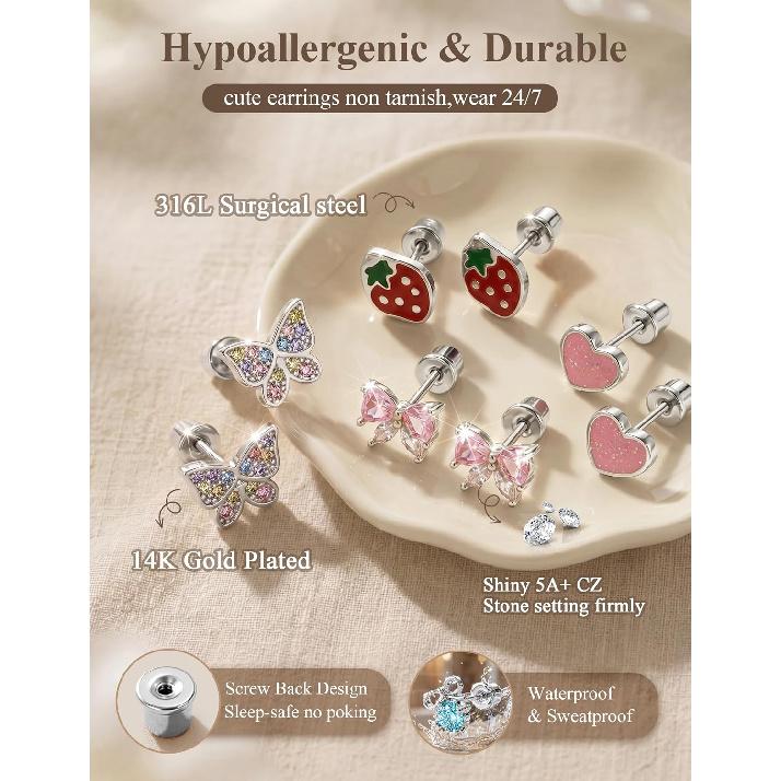 14 Pair Hypoallergenic Stud Earrings for Women Surgical Stainless Steel Screw Back Earrings for Sensitive Ears Cute Pearl Bow Heart Butterfly Studs