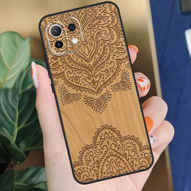 Деревянный чехол с цветочной мандалой для Xiaomi 15 14 Ultra 13T 14T 15T Pro 17 Pro Max POCO F8 F7 F5 F6 X5 X6 X7 Pro Чехол