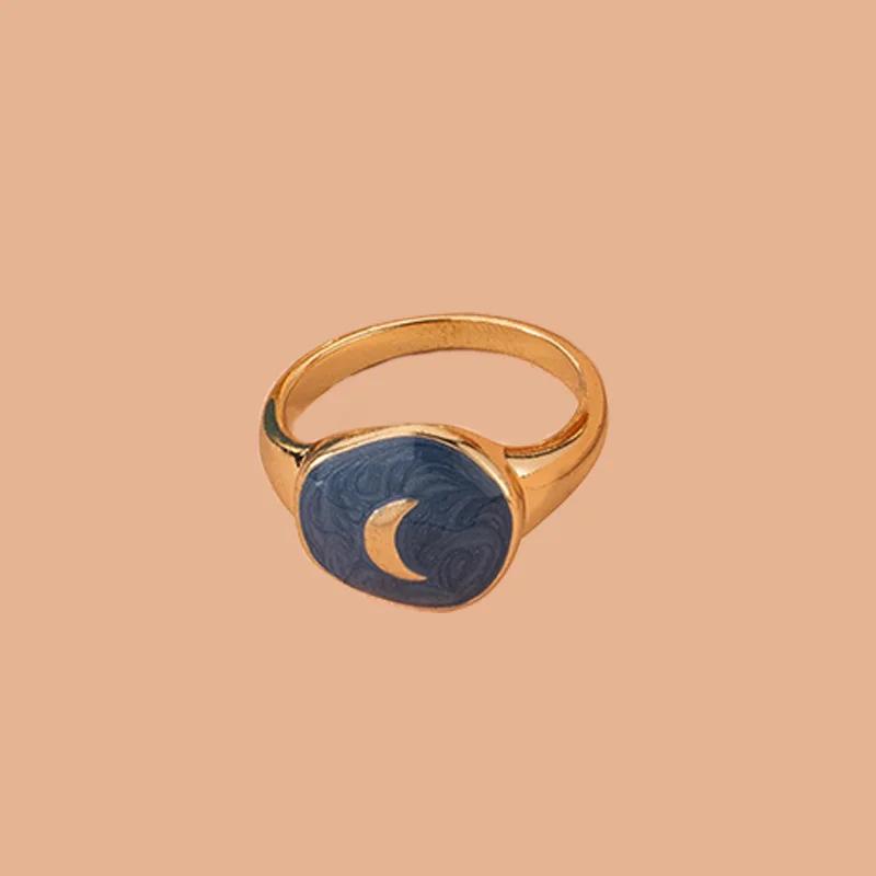 Women Gold Geometric Ring Colorful Enamel Lightning Star Moon Pattern Minimalist Chic Jewelry For Girls