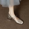 Fashion Spring/summer Vintage Everything Silver Mary Jane Shoes Women's Chunky Heel One-line Buckle Shallow Mouth Heel Shoes