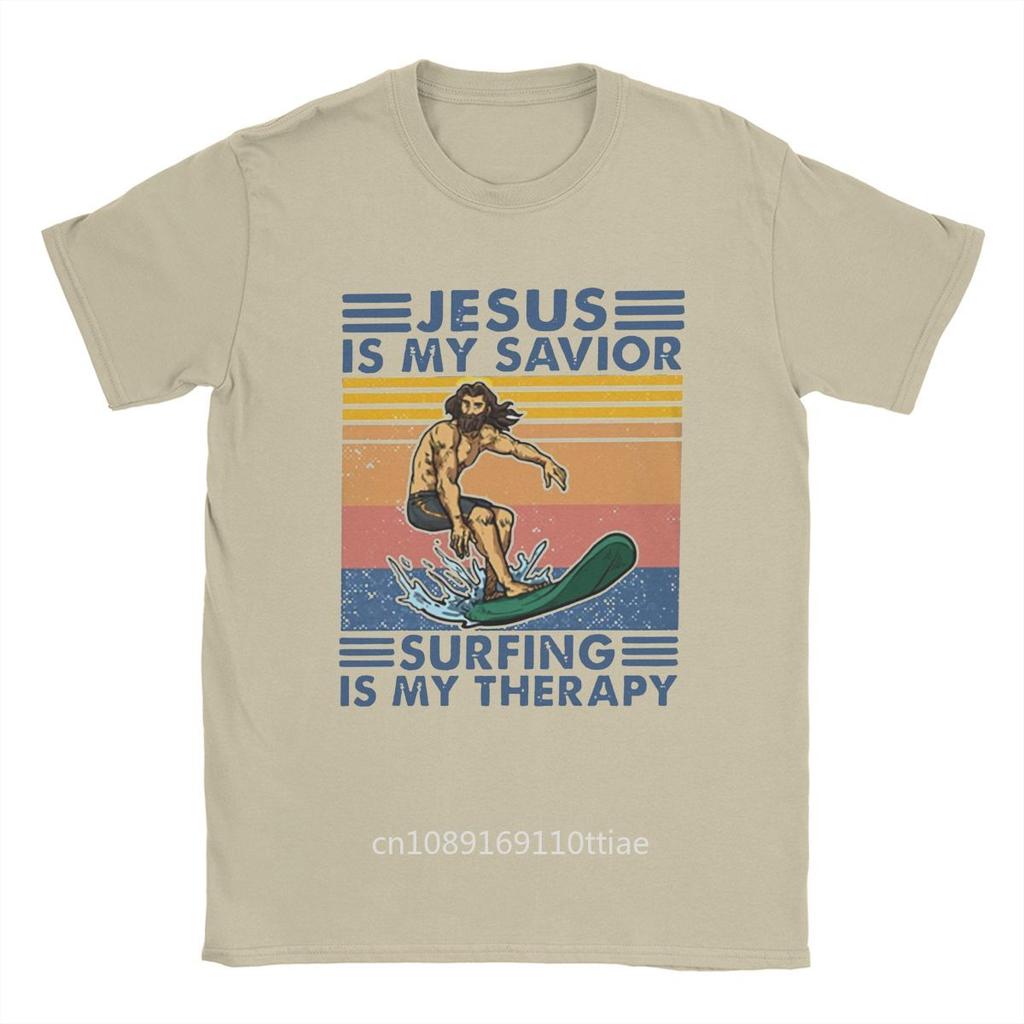 Jesus Is My Savior Surfing Is My Therapy T-Shirt Men Leisure Cotton Tees Crewneck Short Sleeve T Shirt Gift Tops