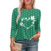 Women's Fashion Round Neck Seven Sleeve St. Patrick's Day Printed Pleated T-Shirt Top