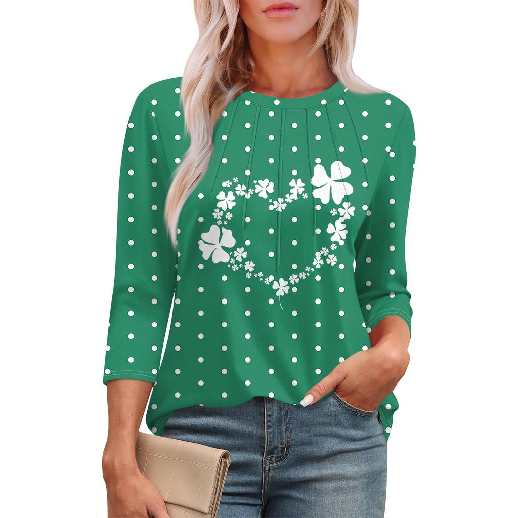 Women's Fashion Round Neck Seven Sleeve St. Patrick's Day Printed Pleated T-Shirt Top