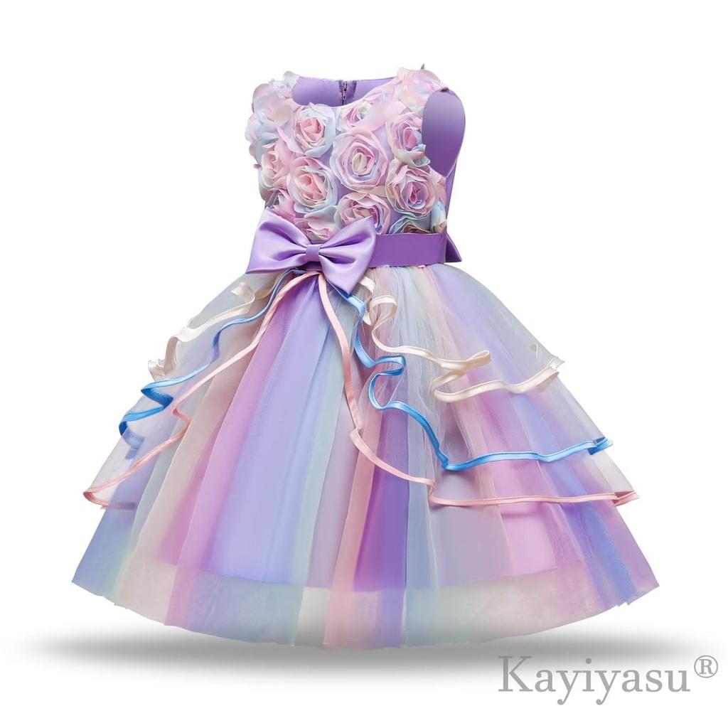 Kayiyasu Нарядное платье с тюлевой радужной цветочной печатью и идеально подходящее для поступления в детский сад, игры на фортепиано, возраста девочек, легкая юбка, бант, церемонии, концерты,