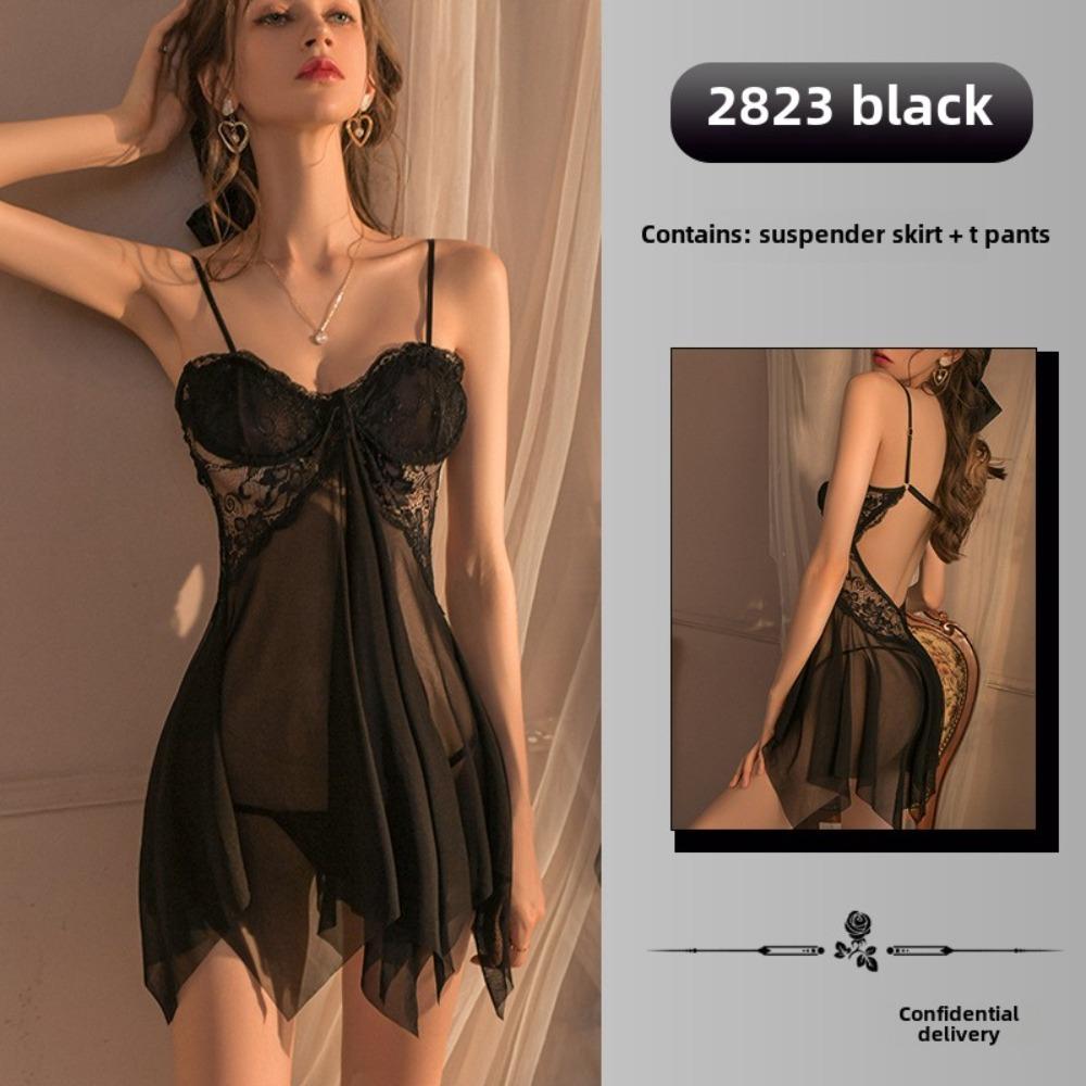 Sexy Large Size Erotic Underwear Front Split Lace Temptation Pajamas Mesh Perspective Suspender Nightdress