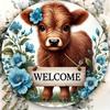 Wooden Charming Highland Cow and Blue Wildflowers 8X8 Inch Wooden Sign - UV Resistant and Scratch Resistant, for Door, Wall, Home, Room, Farmhouse