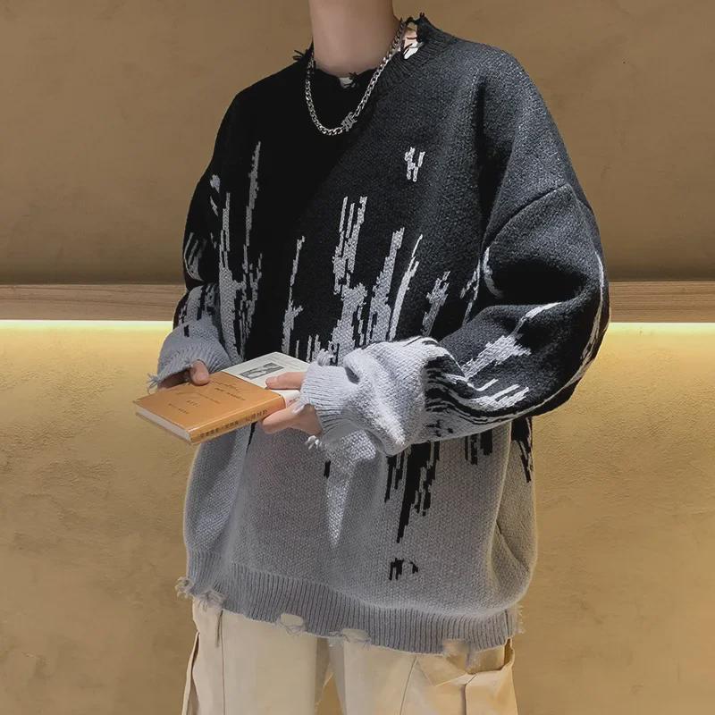 Мужской свитер с дырками в технике тай-дай: Круглый вырез, свободный крой, уличный стиль для осени/зимы