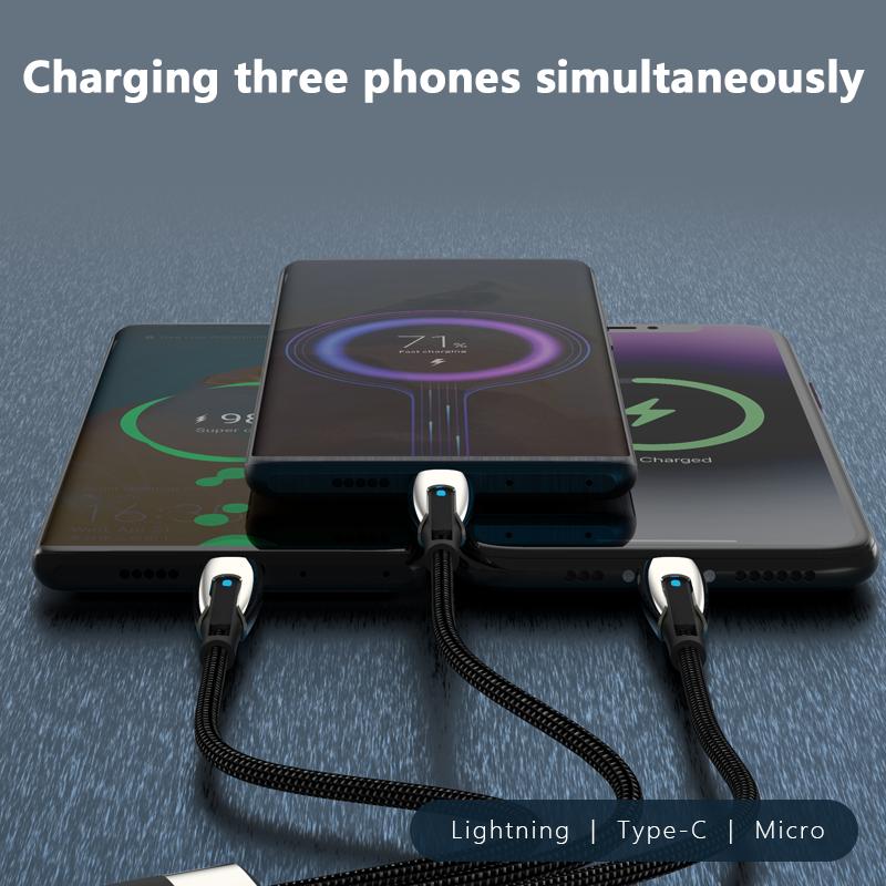 Кабель USB для мобильной флэш-зарядки 3-в-1 100 Вт, подходит для iPhone 5-14, Huawei Type-C, сверхбыстрая зарядка, зарядный кабель 5 А