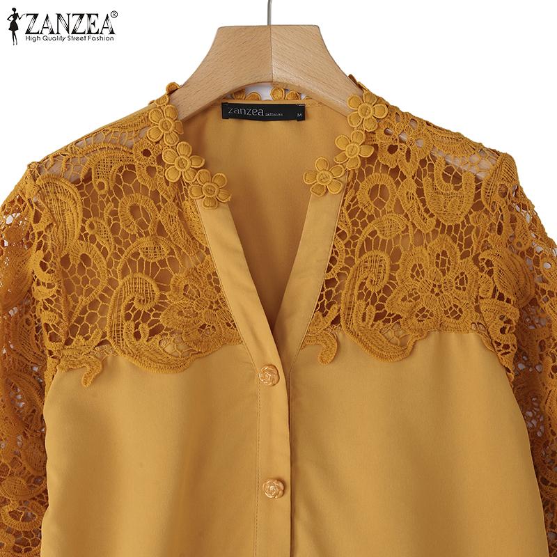 ZANZEA Женская летняя блузка с V-образным вырезом и рукавом 3/4, повседневная, с лоскутной вязкой крючком