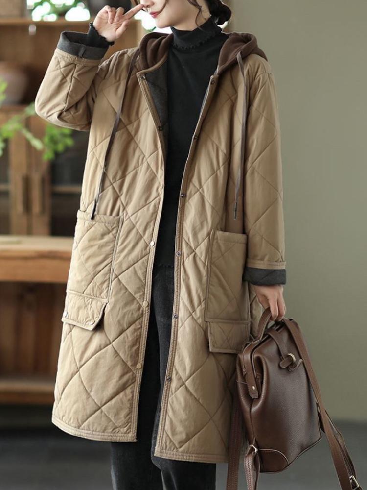 Осеннее винтажное пальто большого размера с капюшоном в виде ромба, женская зимняя новая хлопковая куртка, свободная повседневная куртка средней длины с контрастными цветами и подкладкой из хлопка