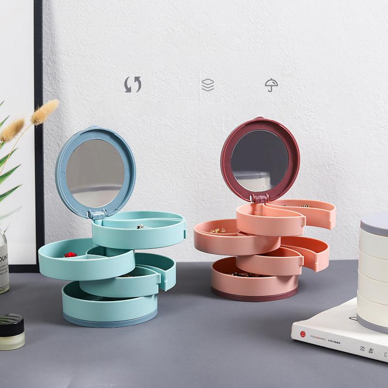 Вращающаяся шкатулка для украшений, многослойное косметическое зеркало для колец, ожерелий, сережек, органайзер для украшений, вместительная пылезащитная коробка для хранения