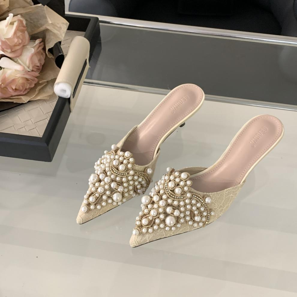Fashion 2025 Women's Summer New High-heeled Thin-heeled Rhinestone Pearl Lace Bag Head Pointed Sandals