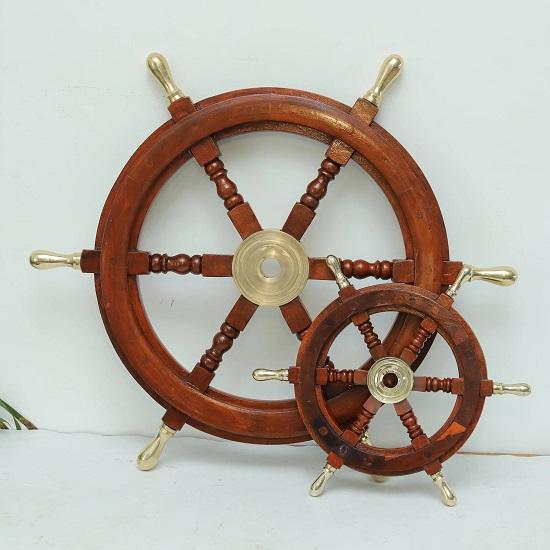 Wooden Ship Wheel with Brass Handles  Handmade Nautical Wall Décor, Coastal Beach House, Maritime Gift Set Of 3