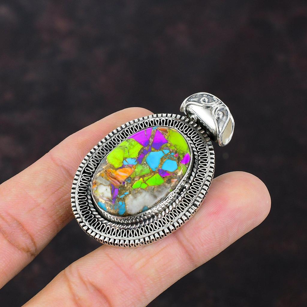 Подвеска Fiesta Kingman с бирюзой, мультимедная подвеска с бирюзой и драгоценными камнями, подвеска из стерлингового серебра 925 пробы, винтажная подвеска ручной работы, свадебный подарок