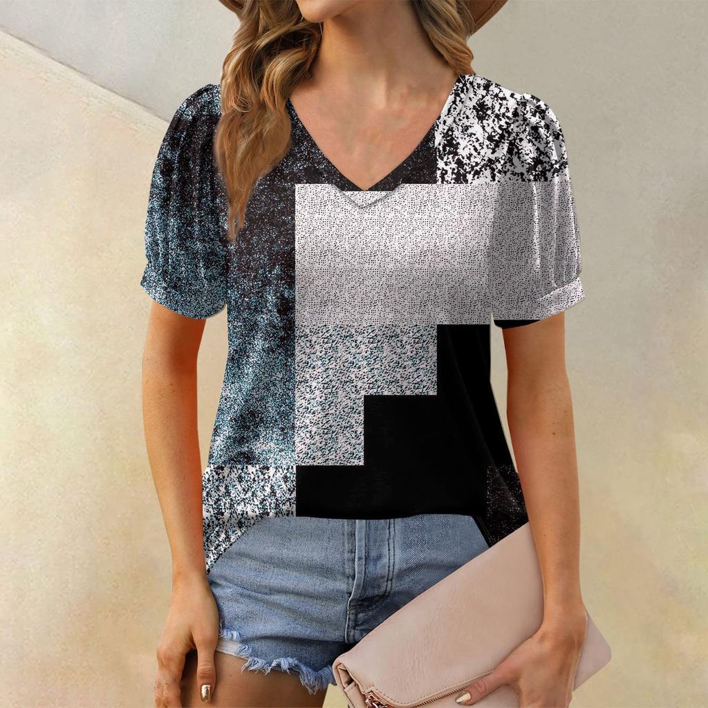 Женская модная футболка с коротким рукавом и V-образным вырезом, с принтом в стиле пэчворк, с цветными блоками, свободная повседневная футболка
