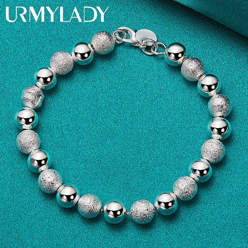 Браслет-цепочка из стерлингового серебра 925 пробы с гладким матовым диаметром 8 мм из бисера для женщин и мужчин, модные ювелирные изделия для свадебной вечеринки