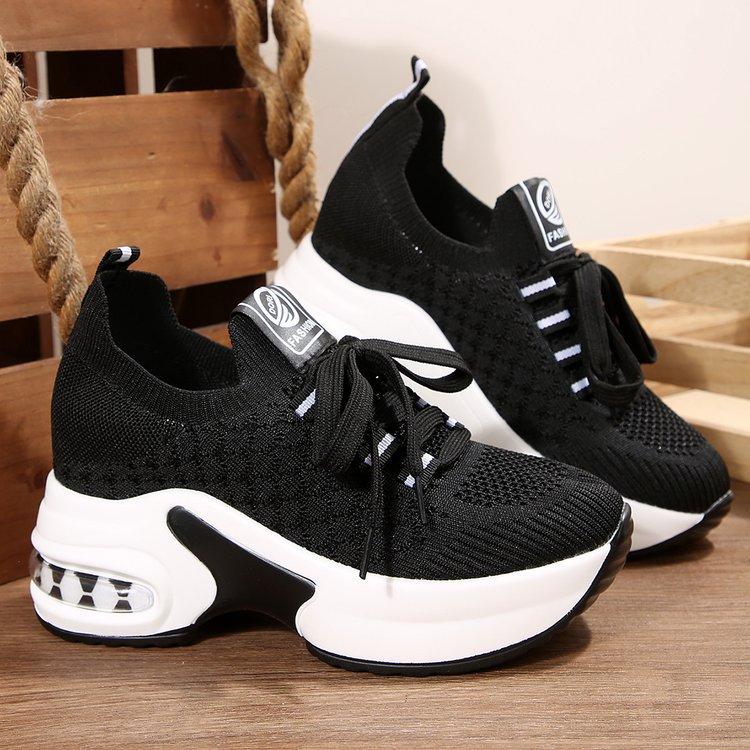 Large Size Thick-soled Heightened Flying Woven Surface Straps Sports and Leisure Shoes Spring and Autumn New Round Head Wedge Single Shoes