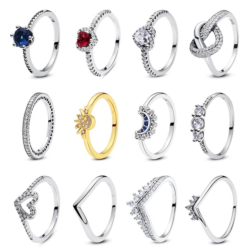 Original 925 Silver Rings For Women Crown Love Heart Sun Moon Engagement Wedding Rose Gold Pave CZ Ring Luxury Jewelry