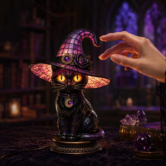 Witch Hat Lamp Stained Witch Hat LED Light Halloween Table Lamp with Warm Glow