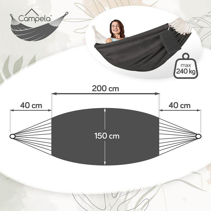 Hamac boho jardin et camping, 2 personnes, 200 x 150 cm, 240 kg, avec sac - Campela (CA1700GRY)