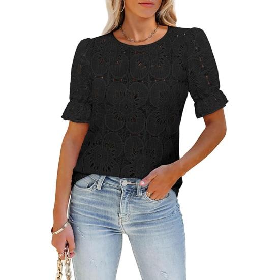 Женские топы с круглым вырезом, буфы, короткий рукав, ажурный кружевной пуловер, однотонные свободные летние футболки