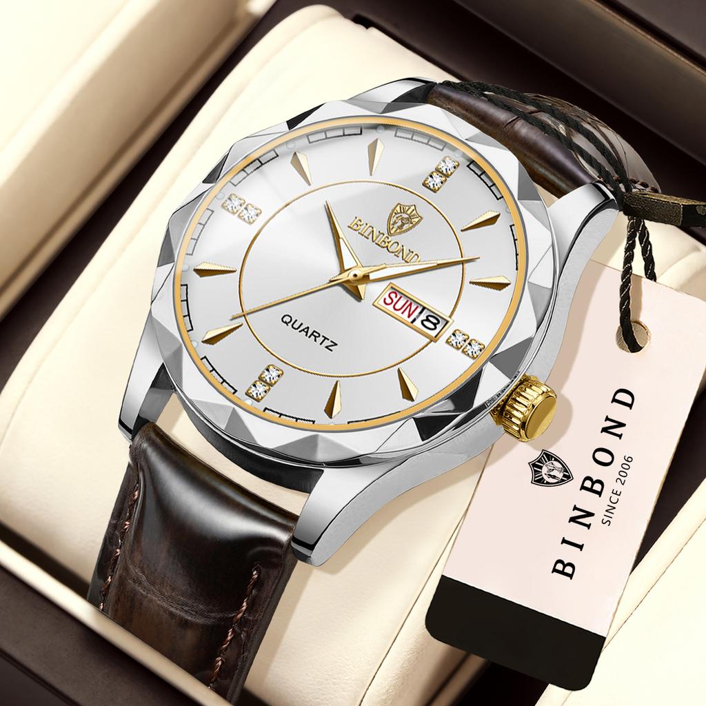 BINBOND Luxury Quartz Wristwatches Luminous Waterproof Auto Date Week Display Men's Watch Durable Leather Sport Casual Reloj