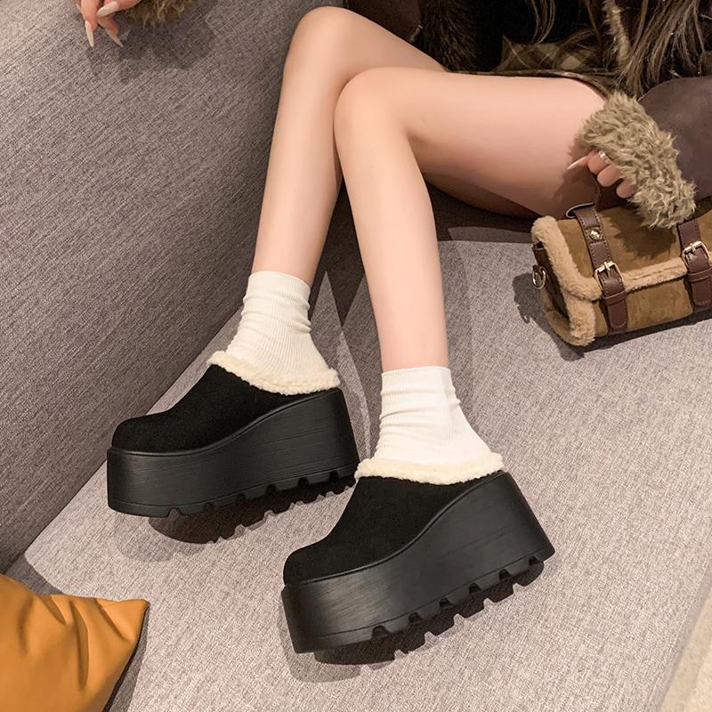 9CM Women Half Sippers Platform 2024 Winter Warm Fur High-heel Retro Women's Loafers Casual Suede Mules For Ladies Student-shoes