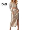 2 Pcs/Set Women Top Skirt Suit Shiny Sequin Long Sleeve O Neck Short Waist Exposed Top High Waist Split Slim Fit Club Party Midi Skirt Set