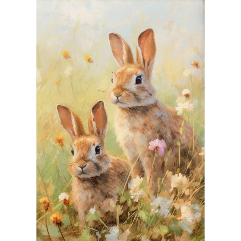 Весенний и Пасхальный Постер Весеннее Поле Диких Цветов Семейство Кроликов Город Город Пасхальный Кролик Холст Живопись Настенное Искусство Картина Домашний Декор