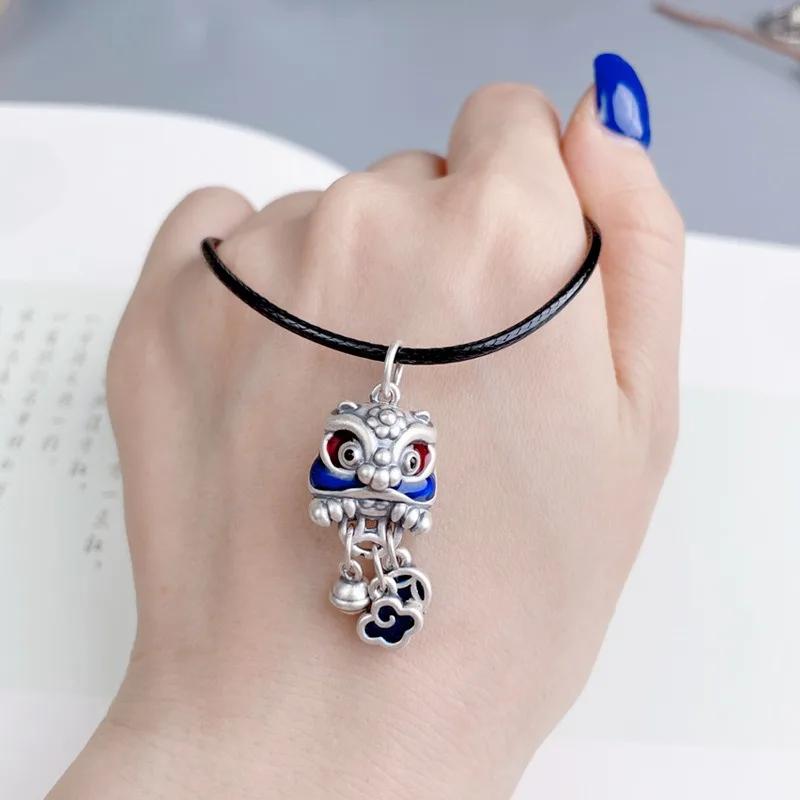 Синяя Милая Маленькая Подвеска Лев Танцующий Кисточка Ожерелье Китайский Стиль Дизайн Медной Монеты Банкетная Парная Бижутерия Подарок