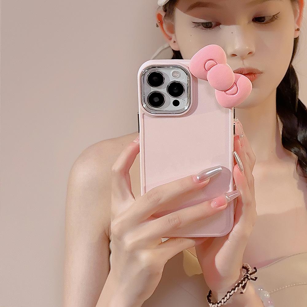 Cute Pink Bow Iphone17 Apple 16 Mobile Phone Case 11 Three-dimensional 13 Silicane 14 Promax Suitable for 12 Sets