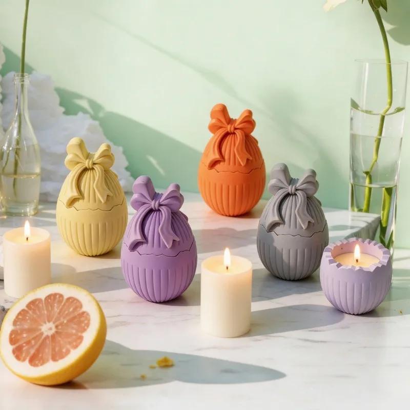 2026 Latest Models Easter Egg Candle Jar Concrete Silicone Mold Candle Holder Mold Bowknot Egg Plaster Storage Candlestick