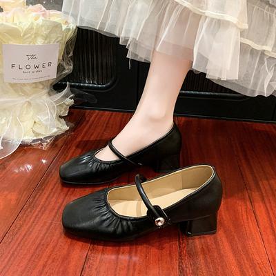 2025 новая весенне-летняя обувь с квадратным носком из мягкой кожи, женская обувь на толстом каблуке, на среднем каблуке, рабочая кожаная обувь, женская обувь из искусственной кожи