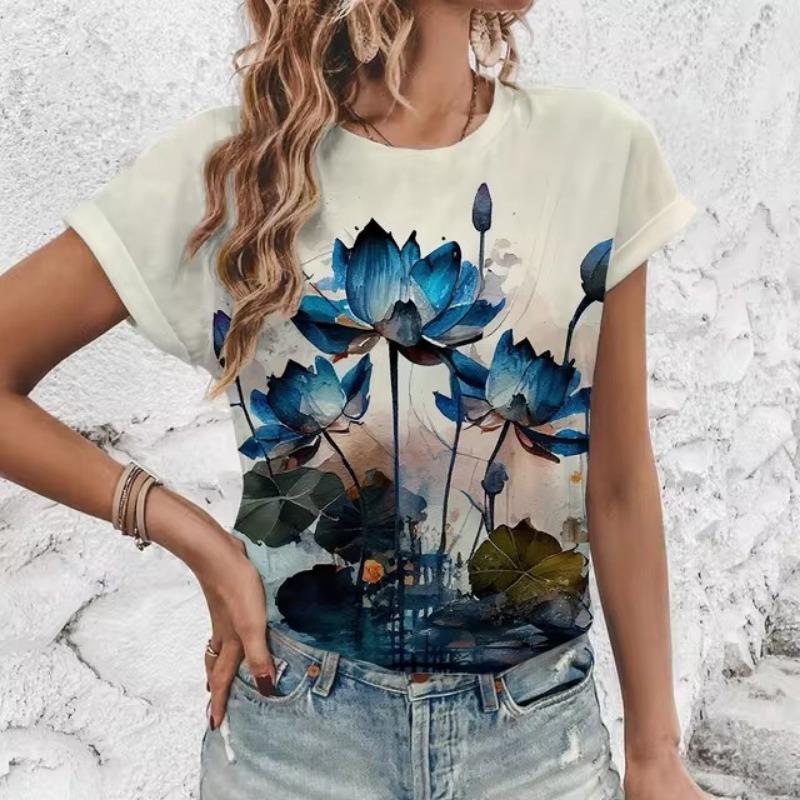 Элегантная женская футболка с художественным цветочным узором, модная футболка с 3D-печатью, популярная женская футболка с короткими рукавами Ummer Leisure