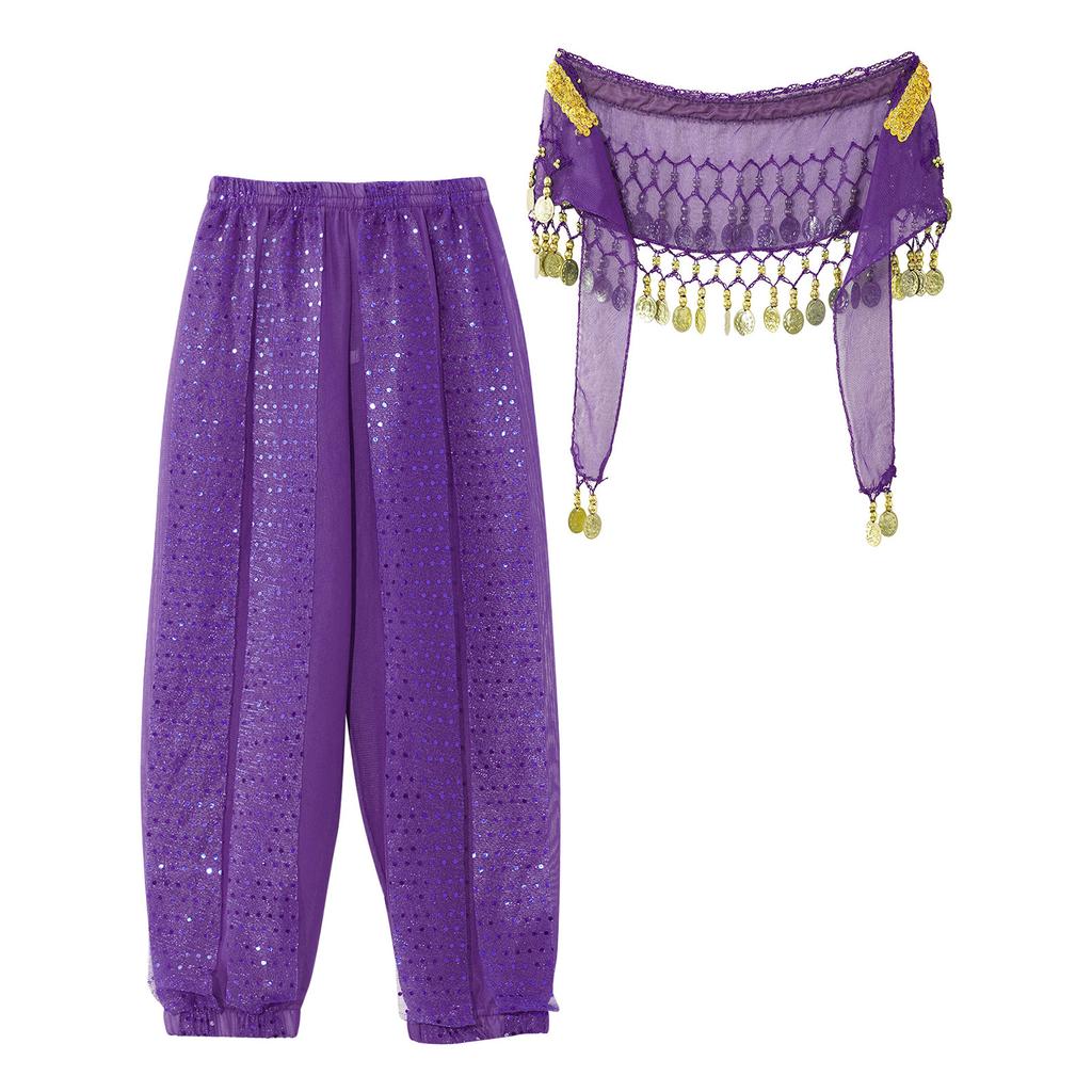 Girls Elegant Belly Dance Pants Sequin Embellished Chiffon Fabric Elastic Waist Beaded Tassels Performance Wear