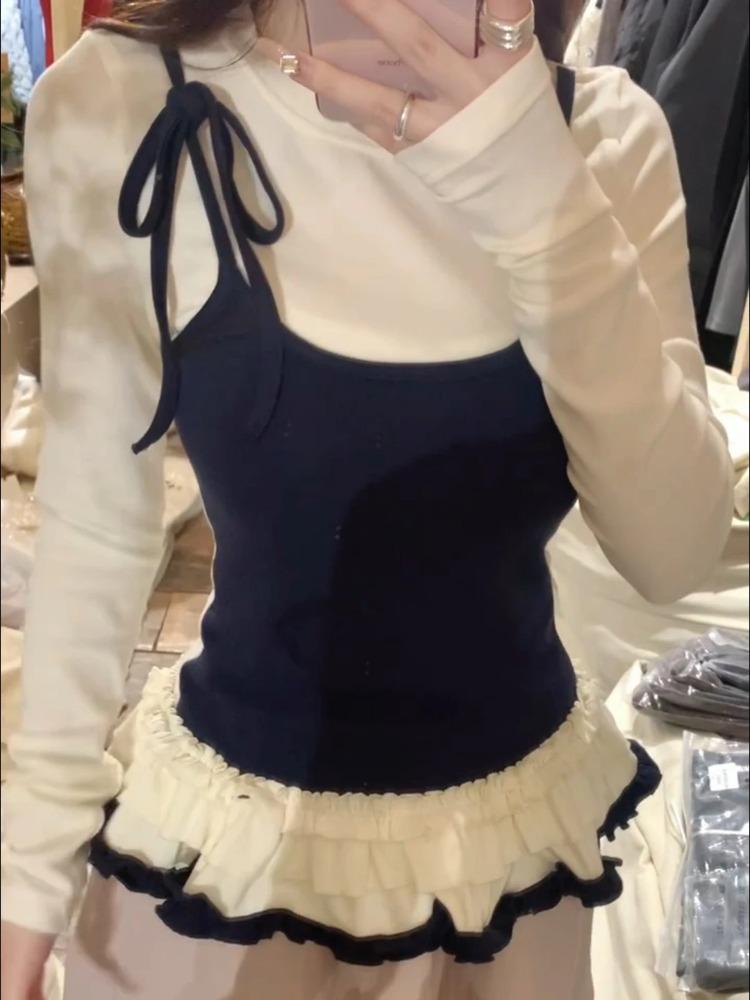 Корейские женские футболки Fake Two Chic Tees Длинные рукава О-образный вырез Оборки Милые майки Бандаж Повседневные футболки Y2k