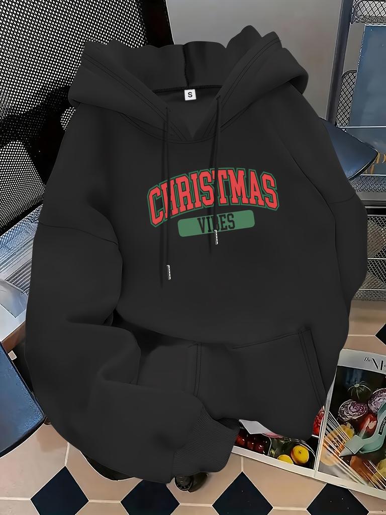 Unisex Autumn Christmas Themed Letter Print Kangaroo Pocket Graphic Hoodie Hooded Sweatshirt Printed Casual Top for Daily Wear We