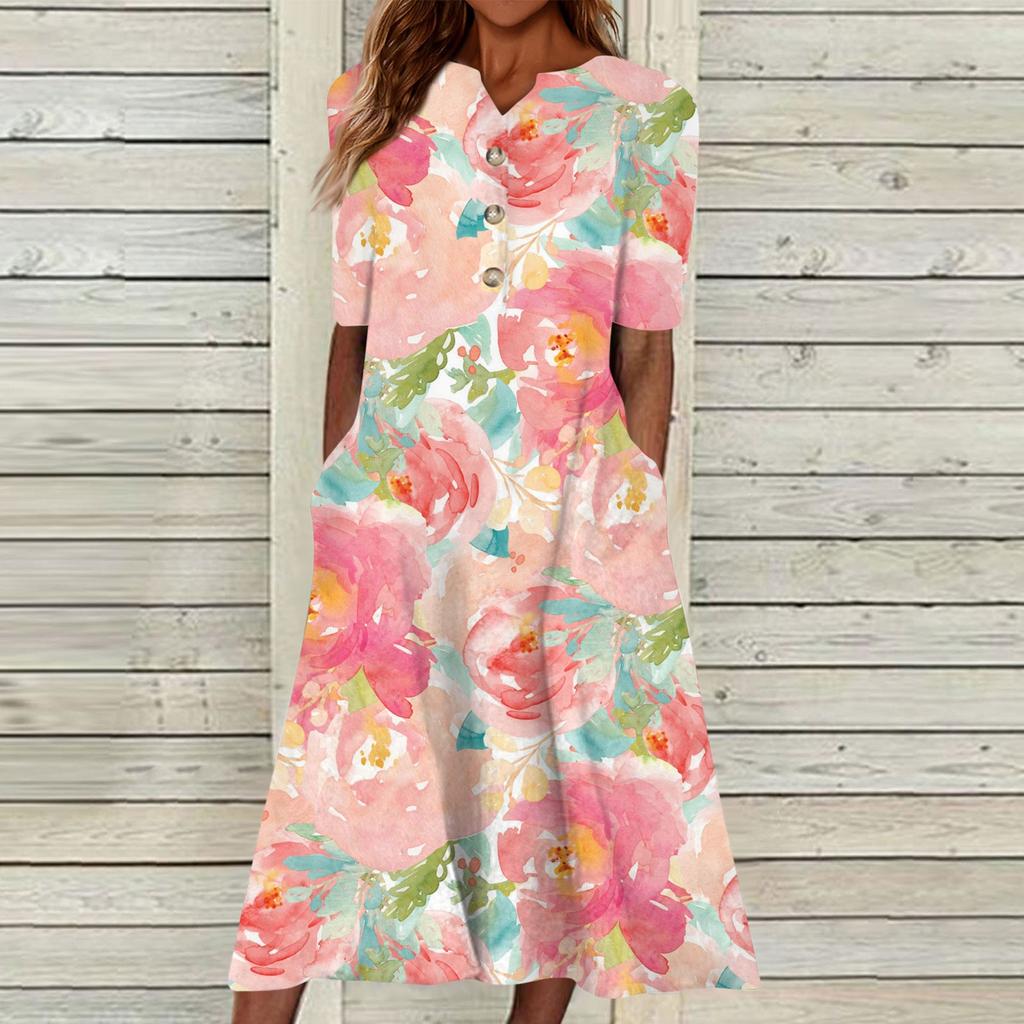 Women's Summer Casual Printed V-Neck Short-Sleeve Swing Dress