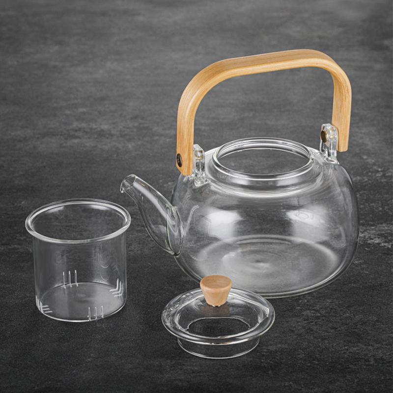 Glass Teapot with Tea Strainer Infuser Tea Kettle with Wooden Handle Heat Resistant Kung Fu Teaware for Electric Ceramic Stoves
