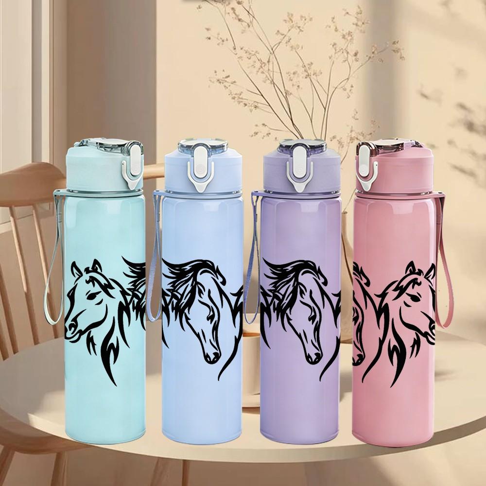 1PC Two Running Horse Line Sketch Print 750ml Color Plastic Sports Water Bottle Leakproof Flip Straw Lid Suitable for Sports Office Home Use
