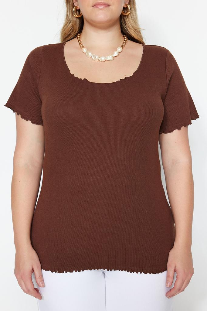 Women's Fashion New Big Size Blouse Stone Ribbed U-Neck Knitted T-Shirt