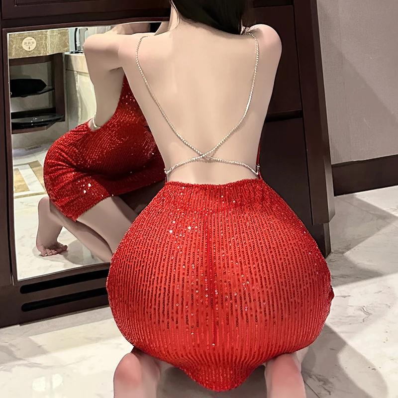 Womens Pajamas Hot Lingerie Sequin Design Backless Super Sexy Mini Club Nightgown Women