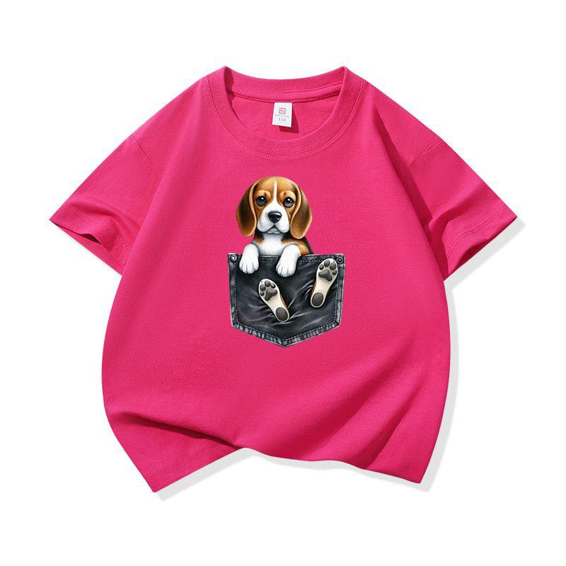Kids Cotton T Shirt Cute Pocket Beagle Puppy Dog Graphic Crew Neck Short Sleeve Tee Casual Breathable Boys Girls Summer Tops