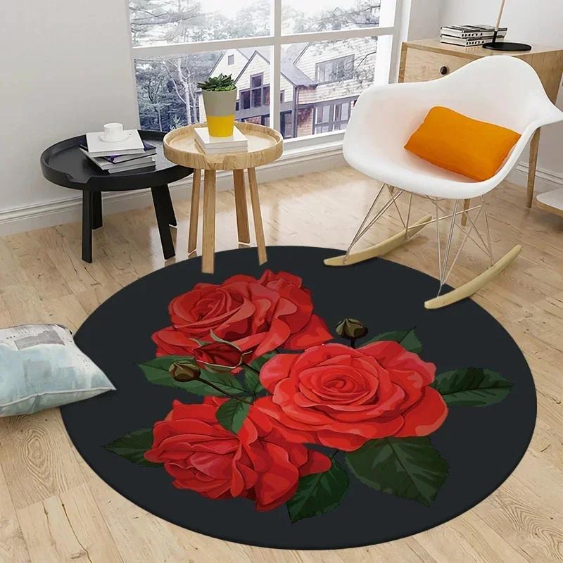 ~O~Peony & Rose Floral Round Rug – Soft Non-Slip Botanical Floor Mat for Bedroom, Living Room, Chair & Sofa Decor