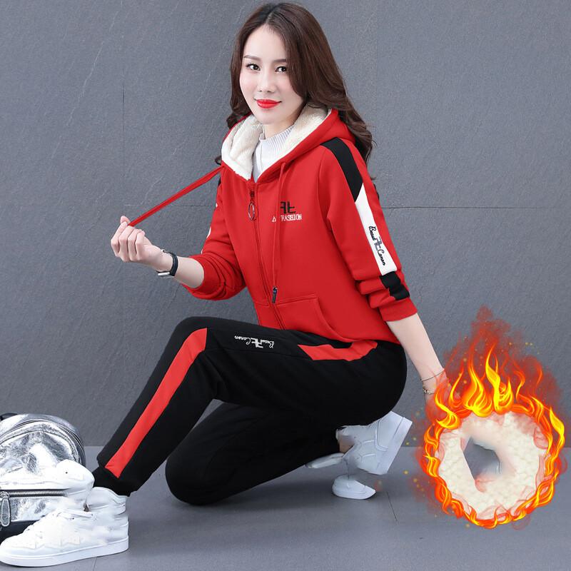 Большой размер, женский осенне-зимний комплект из 2 предметов, спортивный костюм, свободная флисовая куртка на молнии с капюшоном и бархатный спортивный костюм
