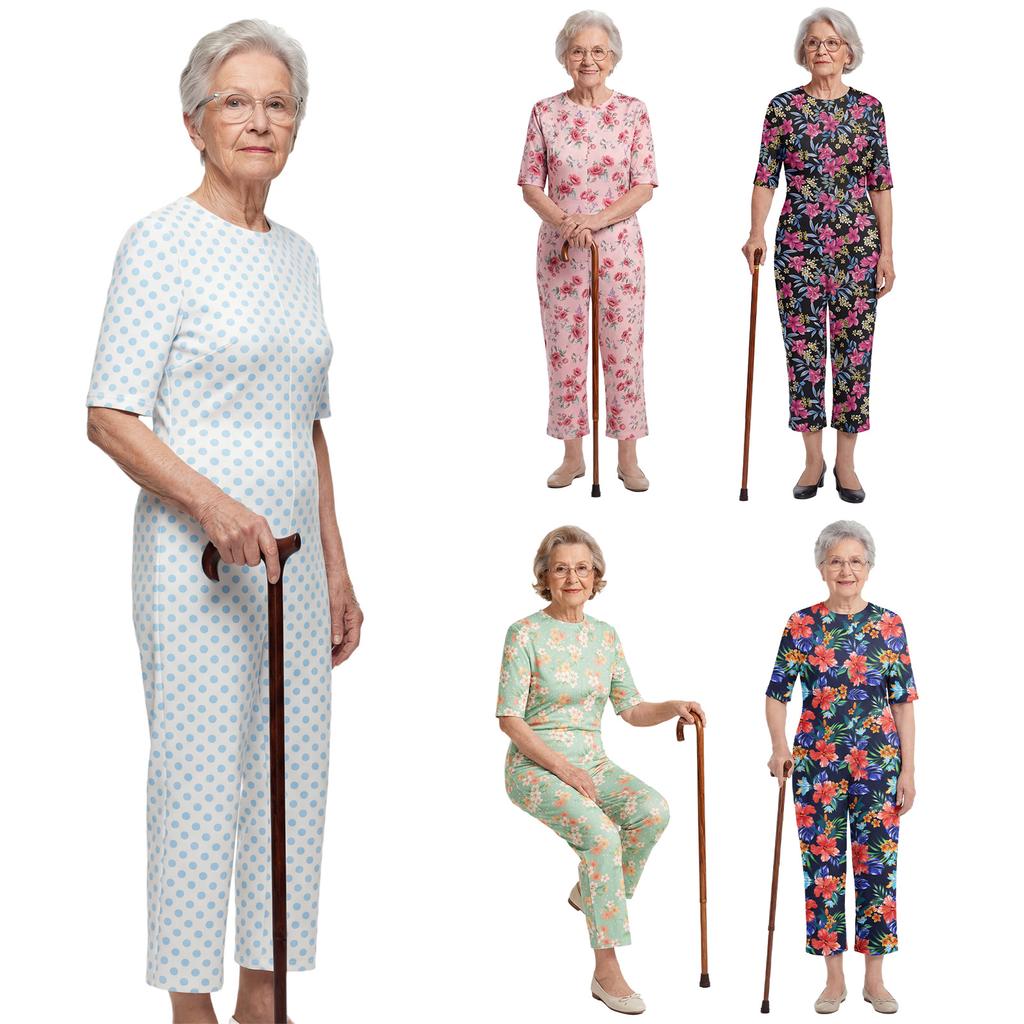 S-3XL Womens Elderly Nursing Floral Print Jumpsuit Short Sleeve Back Zipper Lounging-style Anti-strip Adaptive Rompers for Alzheimer Special Needs