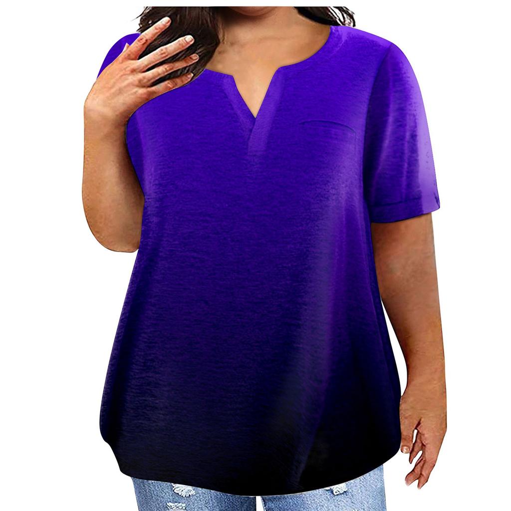Fashion Plus Size Women's Casual Short Sleeve Round Neck Gradient Print T-shirt With Pockets