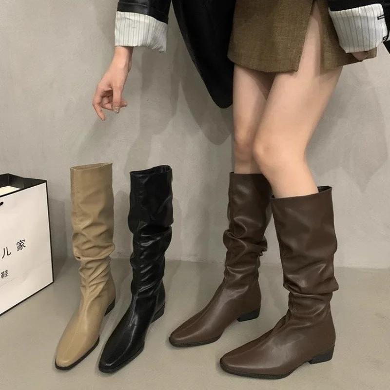 Autumn New Coarse Heel Folded Stacked Middle Leg Fashion Boots for Women with Square Heads and Low Heels