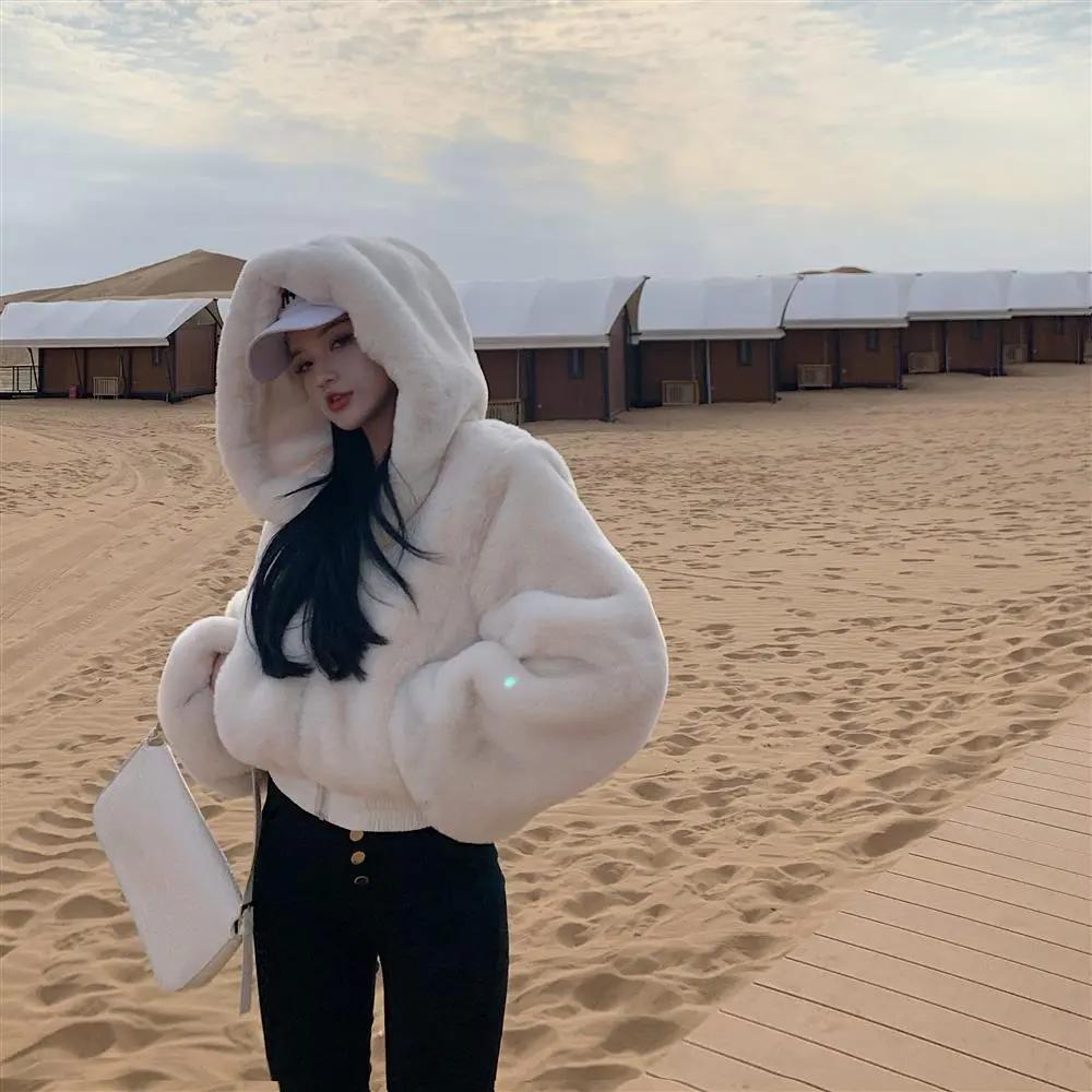 Winter Women's Faux Fur Coats and Jackets - Furry Cropped Fluffy Hooded Short Top Coat