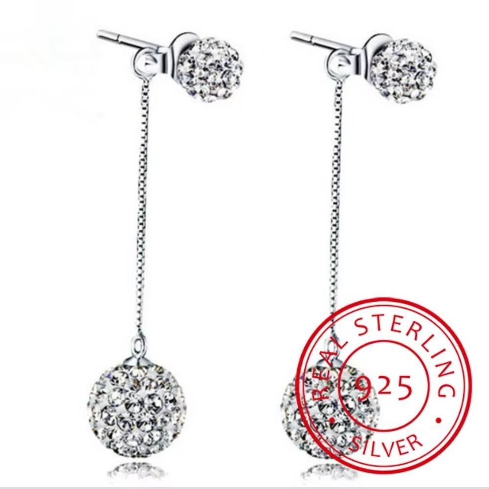 High Quality 925 Silver Rhinestone Earrings Double Crystal Ball Long Tassel Stud Earrings Brincos De Prata For Women